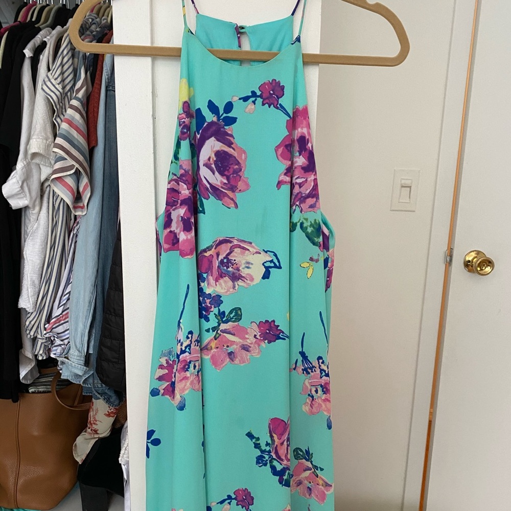 teal floral flowy and silky shift dress